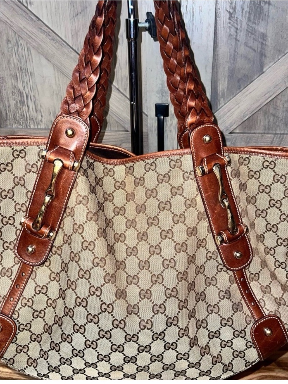 Gucci Beige Monogram Canvas Tote with Brown Braided Leather Handles